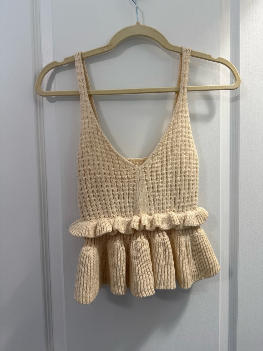 Cream Knit Ruffled Peplum Tank Top